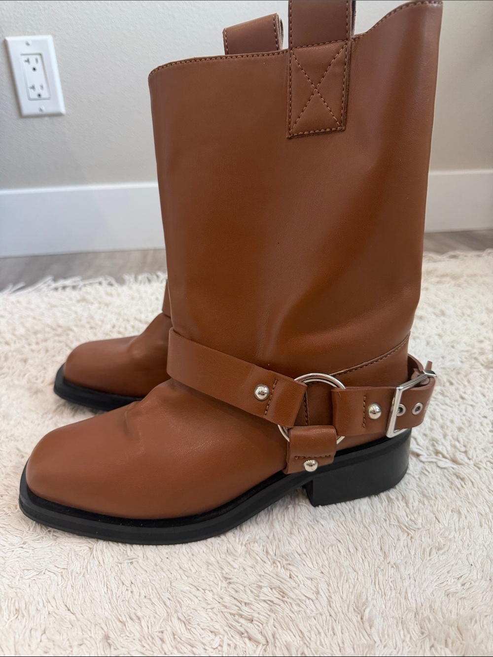 Ganni Cognac Brown Harness Moto Boots